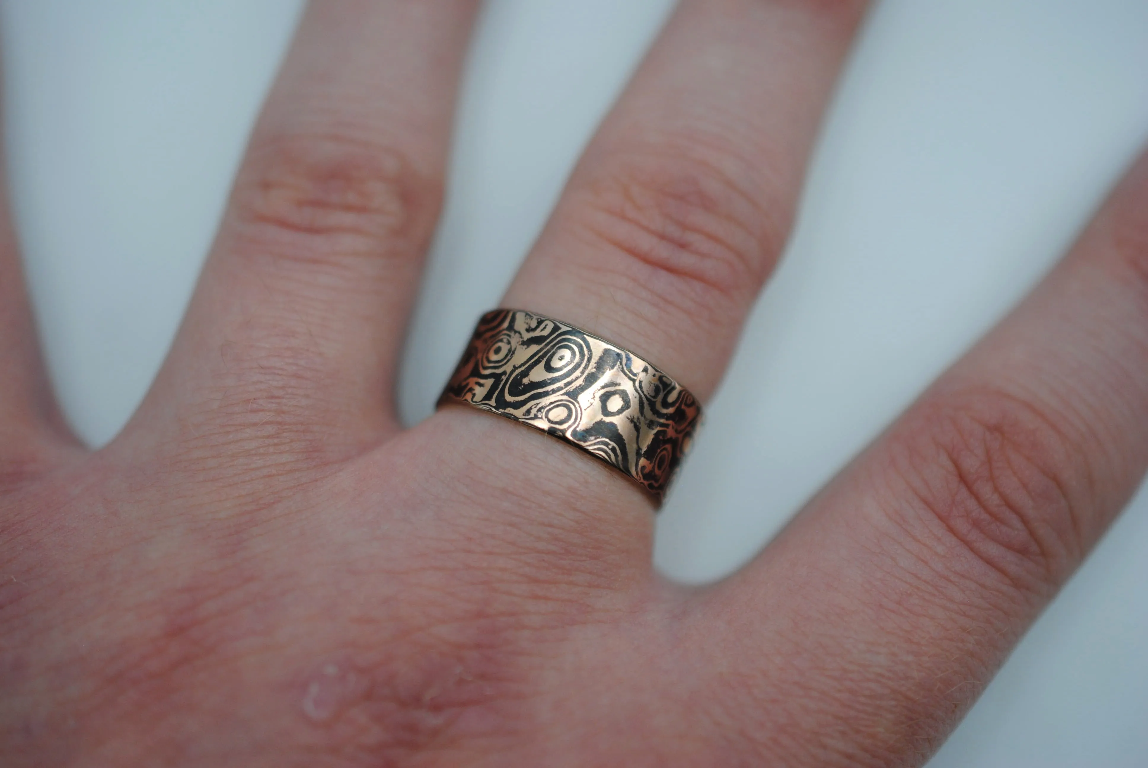 Rose Gold and Shakudo Large Band Mokume Gane Ring