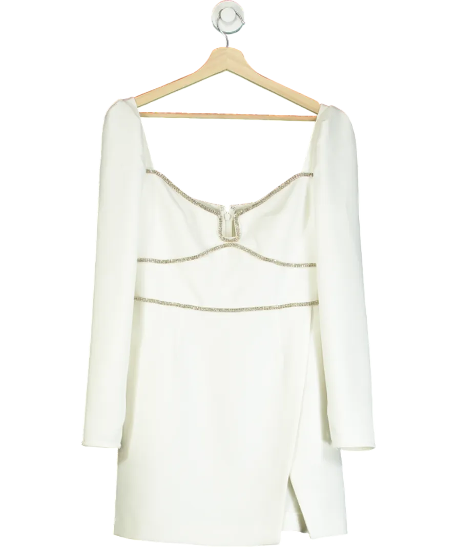 Self-Portrait White Embellished Long Sleeve Mini Dress UK 12