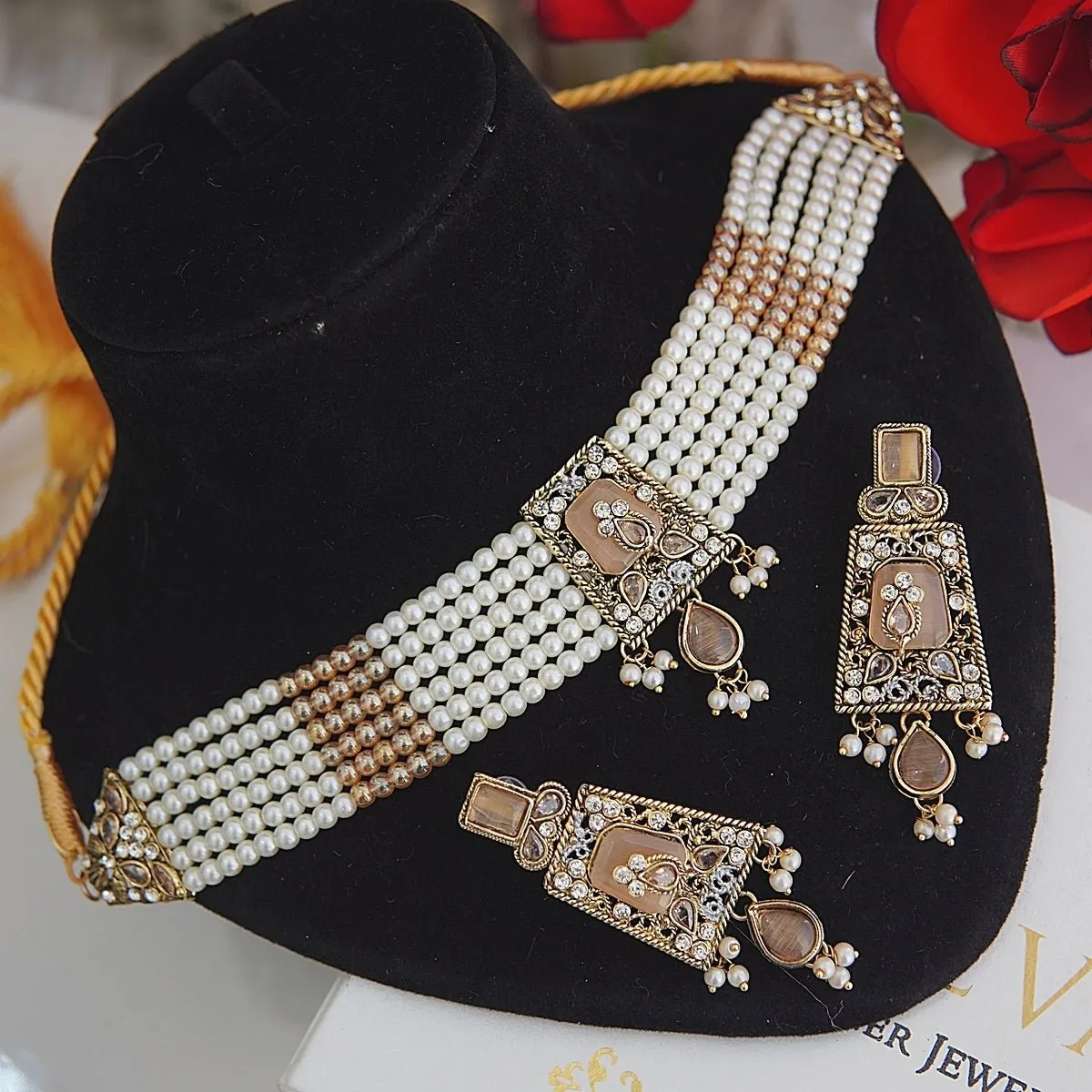 Semi-Gem Turkish Choker Earrings Set