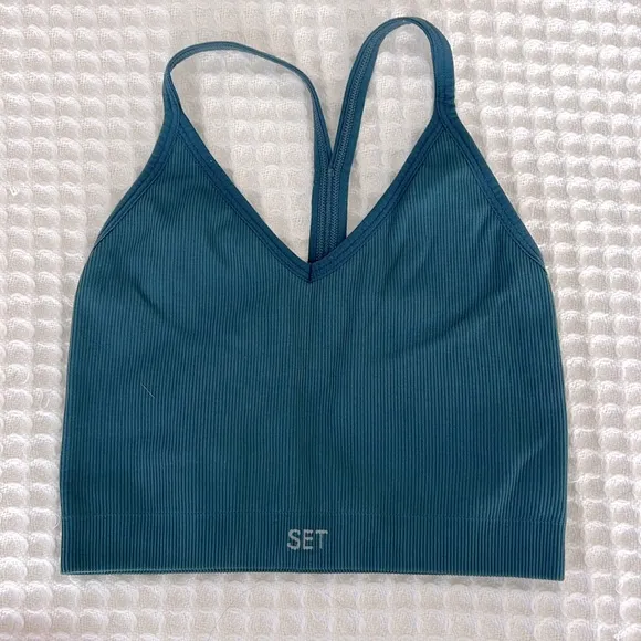 SET ACTIVE Scupltflex V Neck T Strap Ribbed Bra in Cove Blue Size XS / S