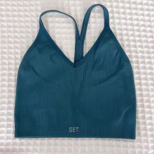 SET ACTIVE Scupltflex V Neck T Strap Ribbed Bra in Cove Blue Size XS / S