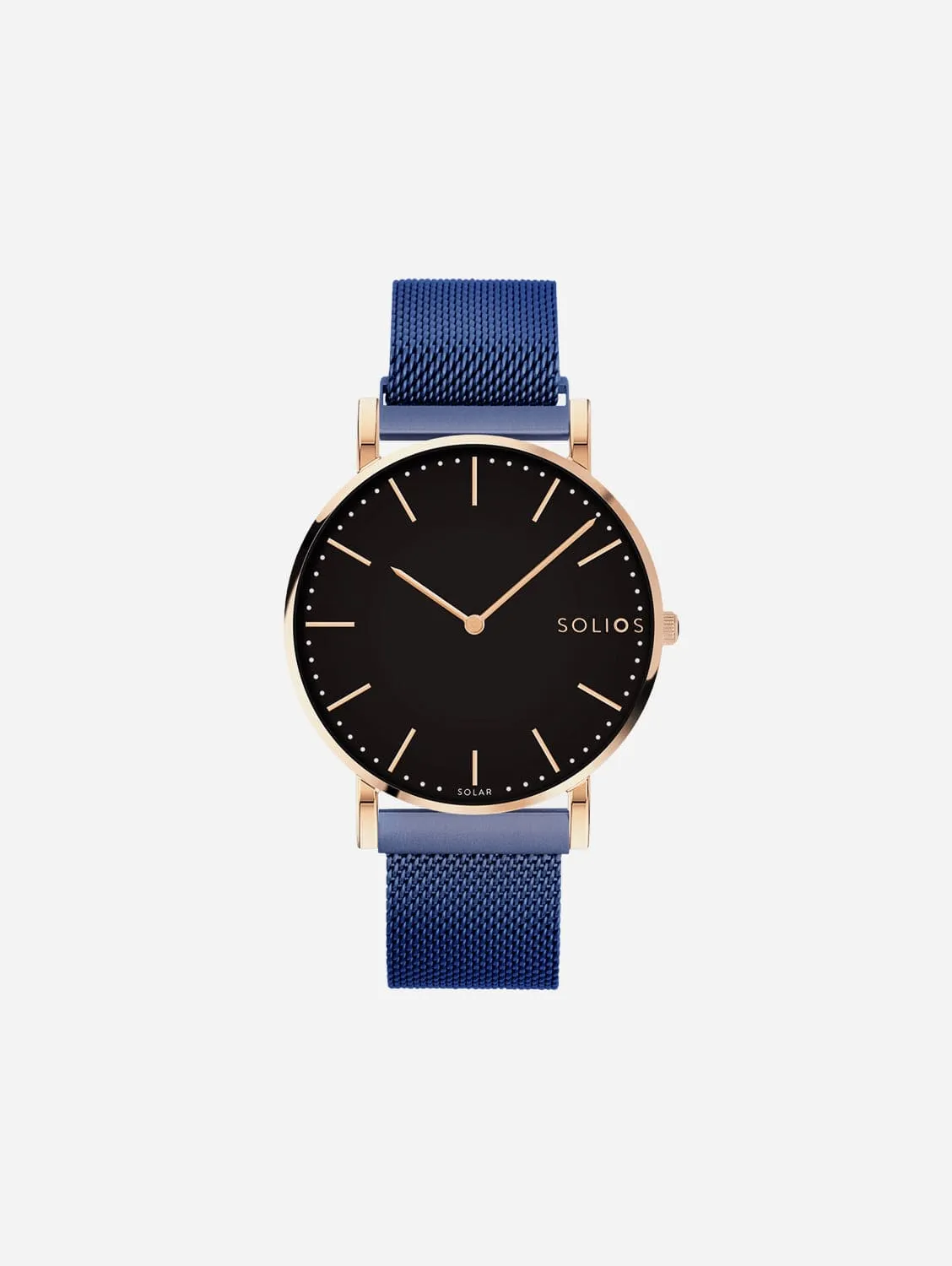 Solar Watch with Black & Rose Gold  | Blue Mesh Strap