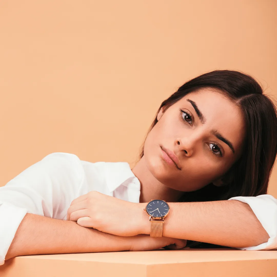 Solar Watch with Black & Rose Gold  | Blue Mesh Strap