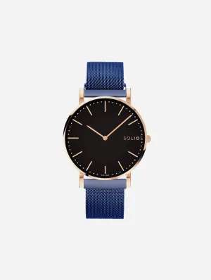 Solar Watch with Black & Rose Gold  | Blue Mesh Strap