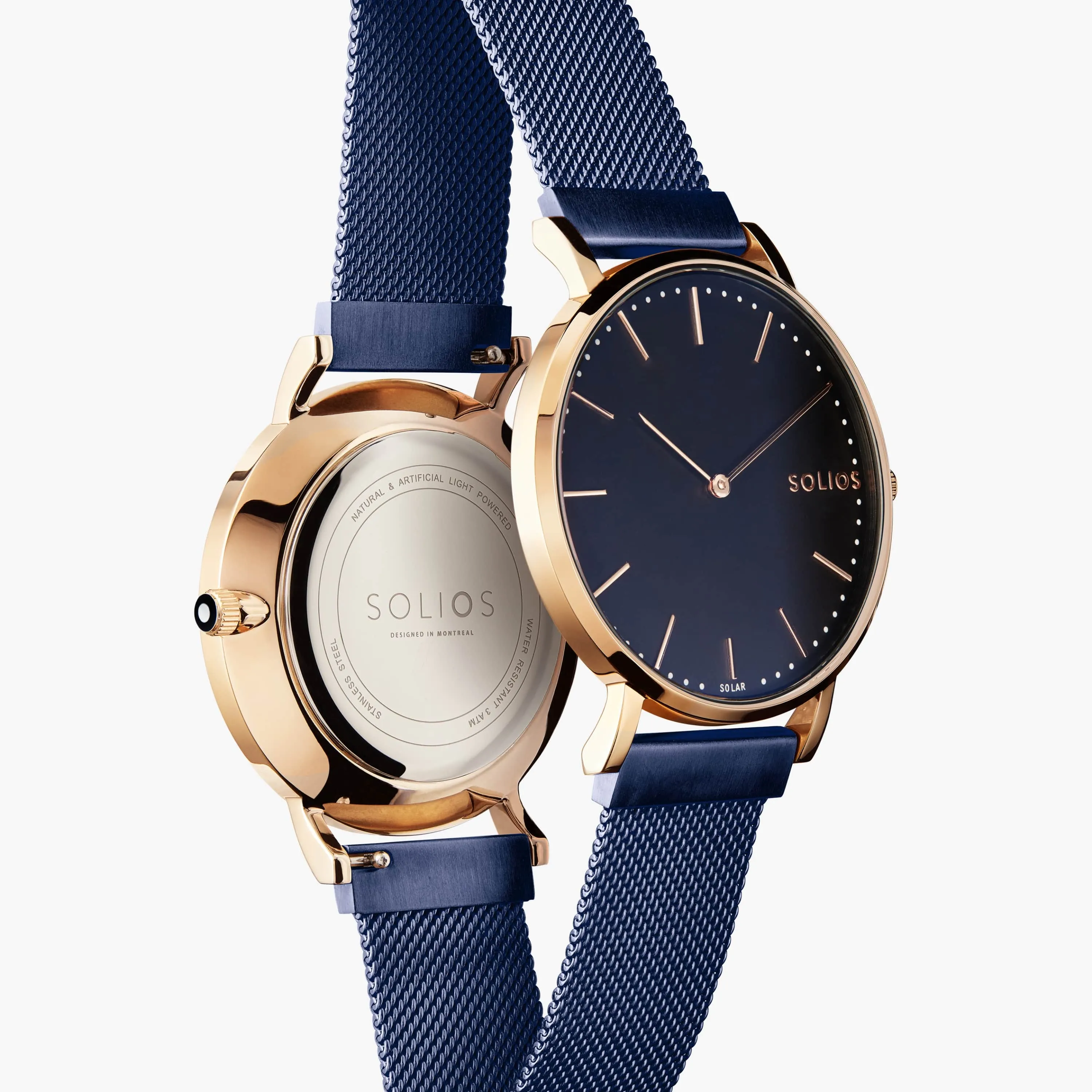 Solar Watch with Black & Rose Gold  | Blue Mesh Strap