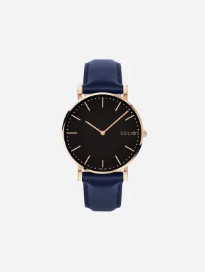 Solar Watch with Black & Rose Gold Dial  | Blue Vegan Leather Strap