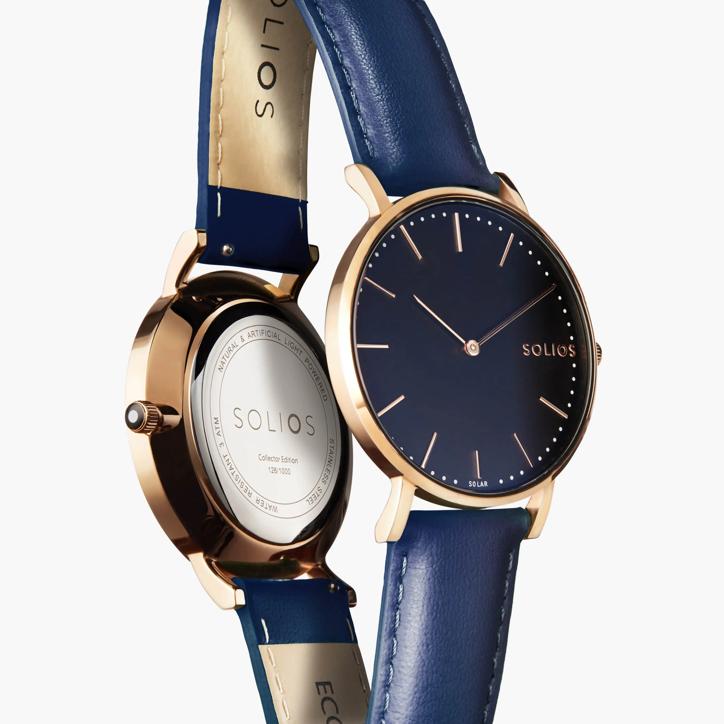 Solar Watch with Black & Rose Gold Dial  | Blue Vegan Leather Strap