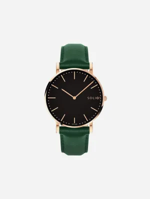 Solar Watch with Black & Rose Gold Dial | Green Vegan Leather Strap