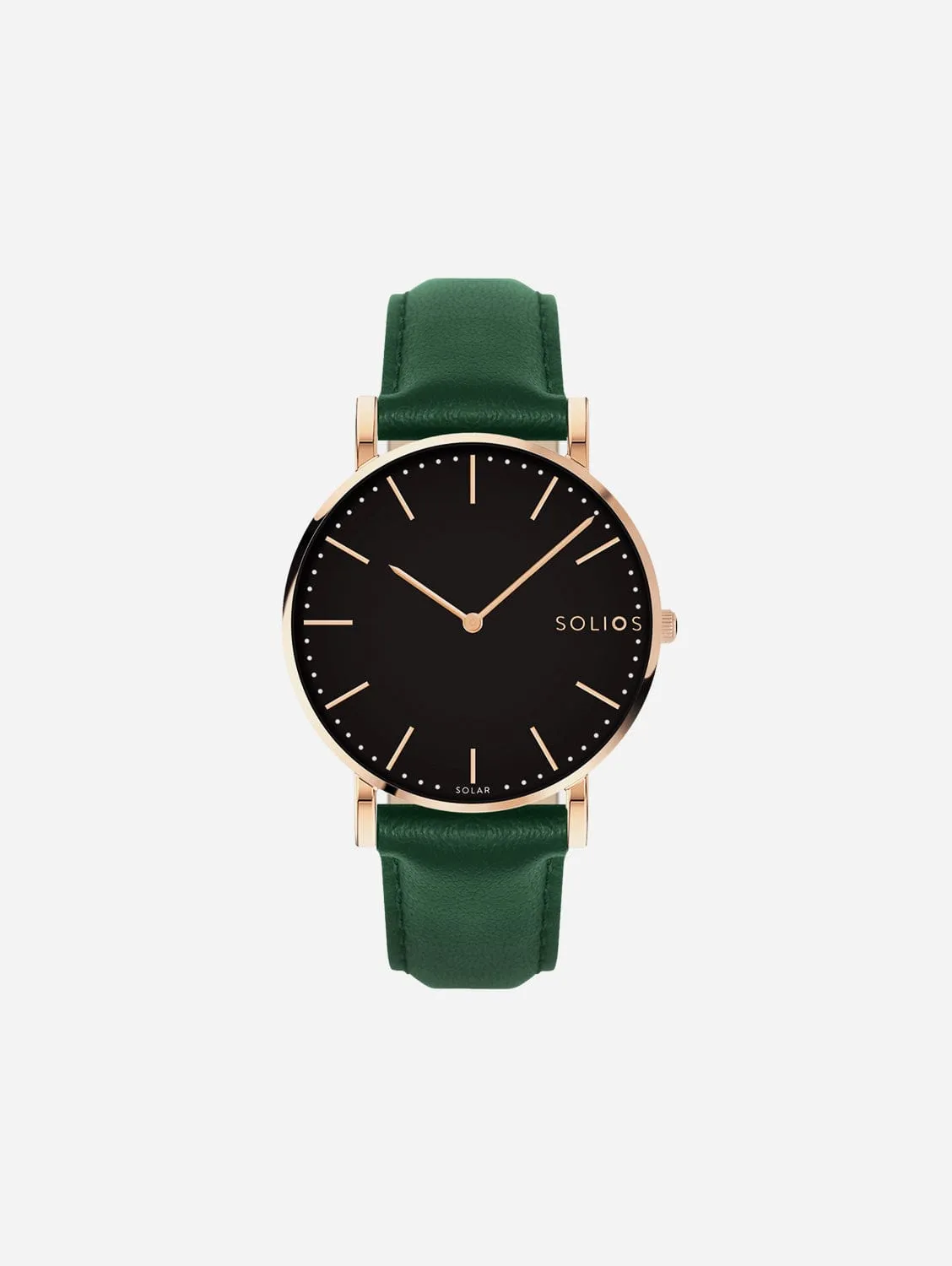 Solar Watch with Black & Rose Gold Dial | Green Vegan Leather Strap