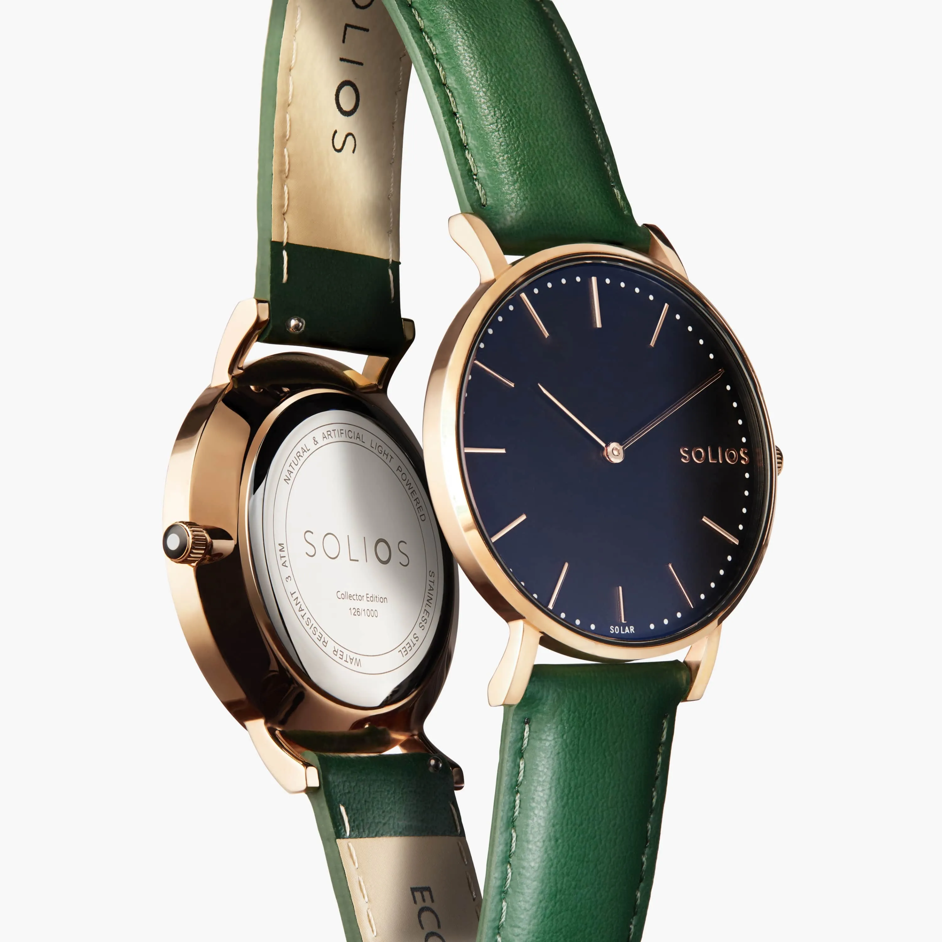 Solar Watch with Black & Rose Gold Dial | Green Vegan Leather Strap