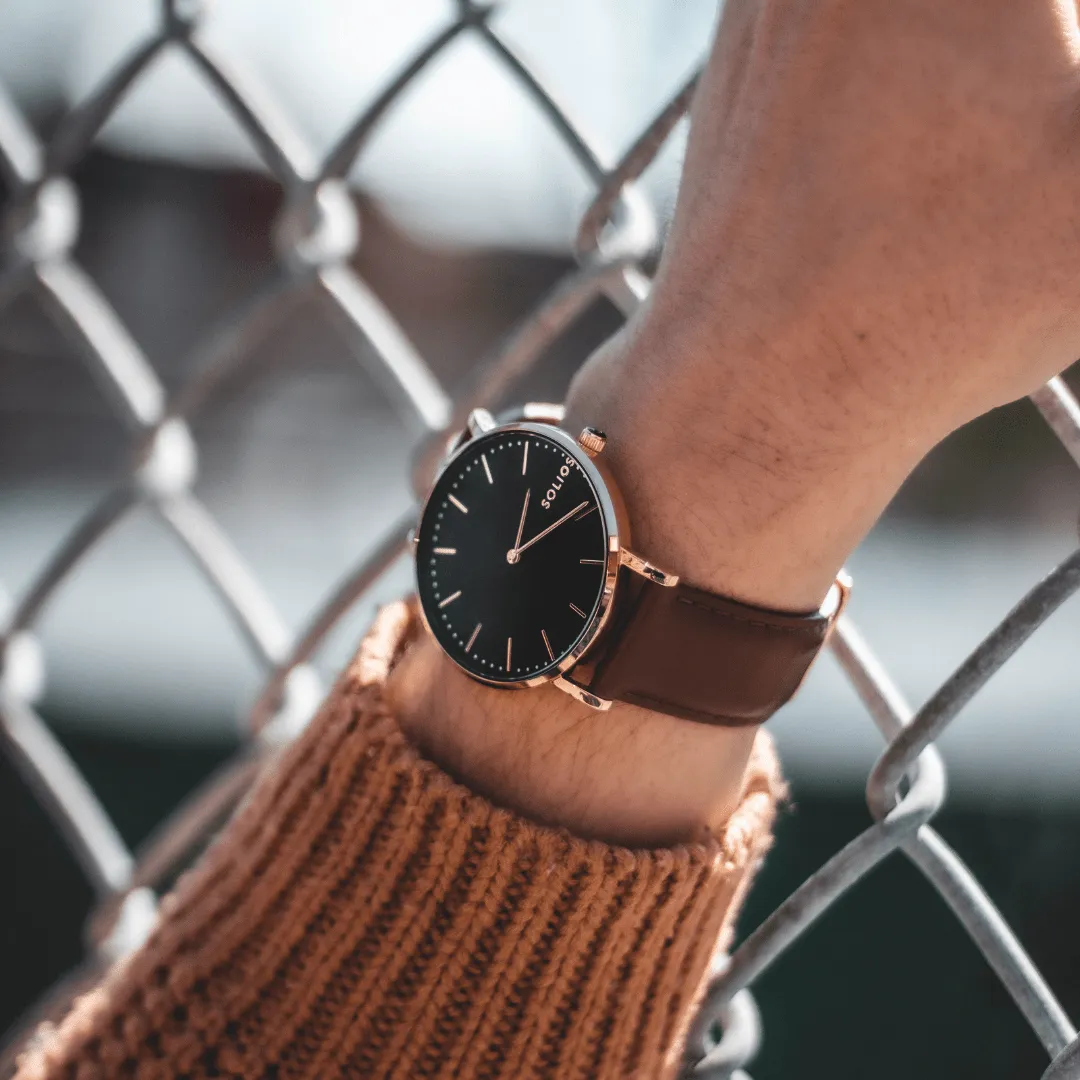Solar Watch with Black & Rose Gold Dial | Green Vegan Leather Strap