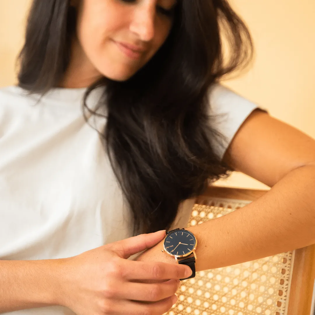 Solar Watch with Black & Rose Gold Dial | Green Vegan Leather Strap