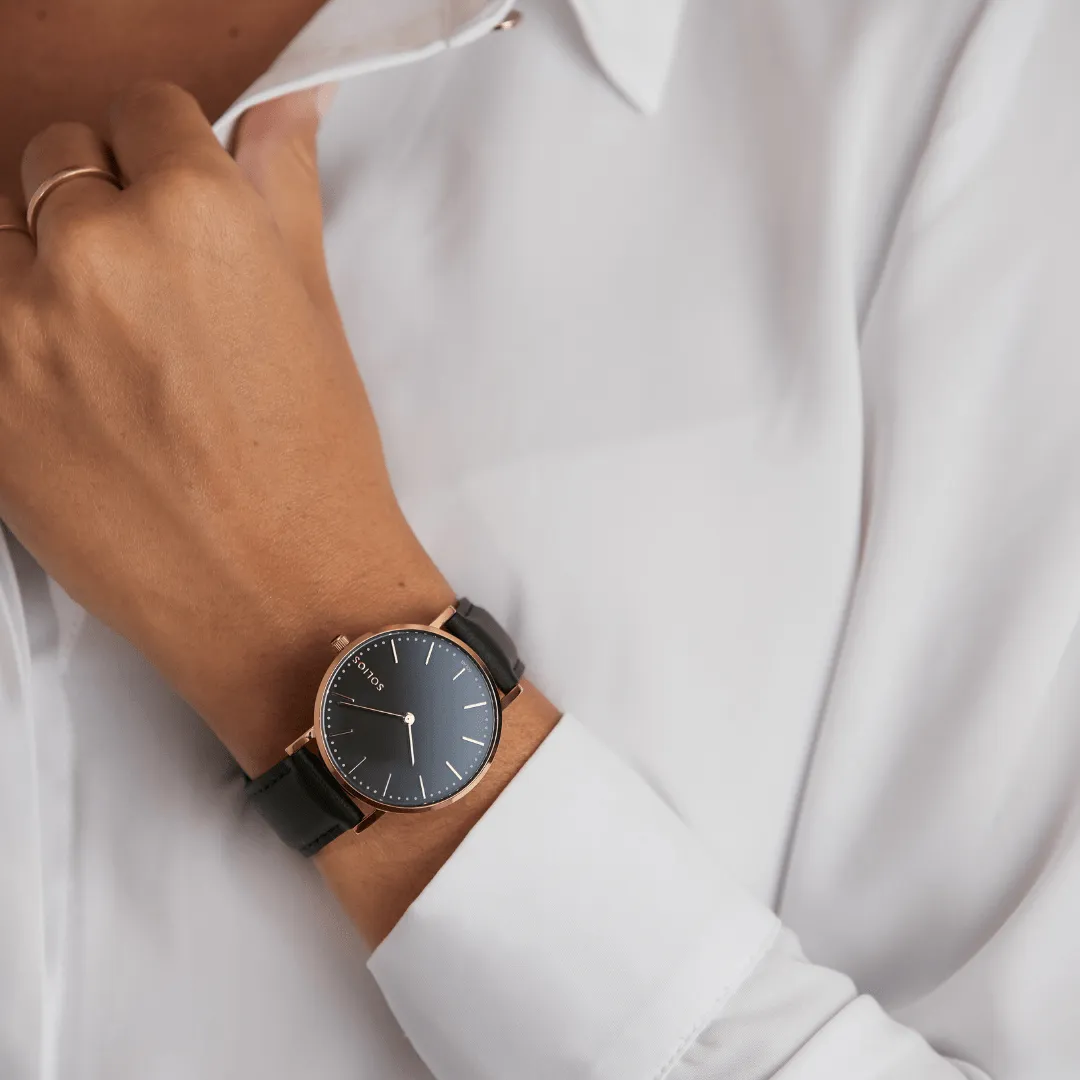Solar Watch with Black & Rose Gold Dial | Green Vegan Leather Strap