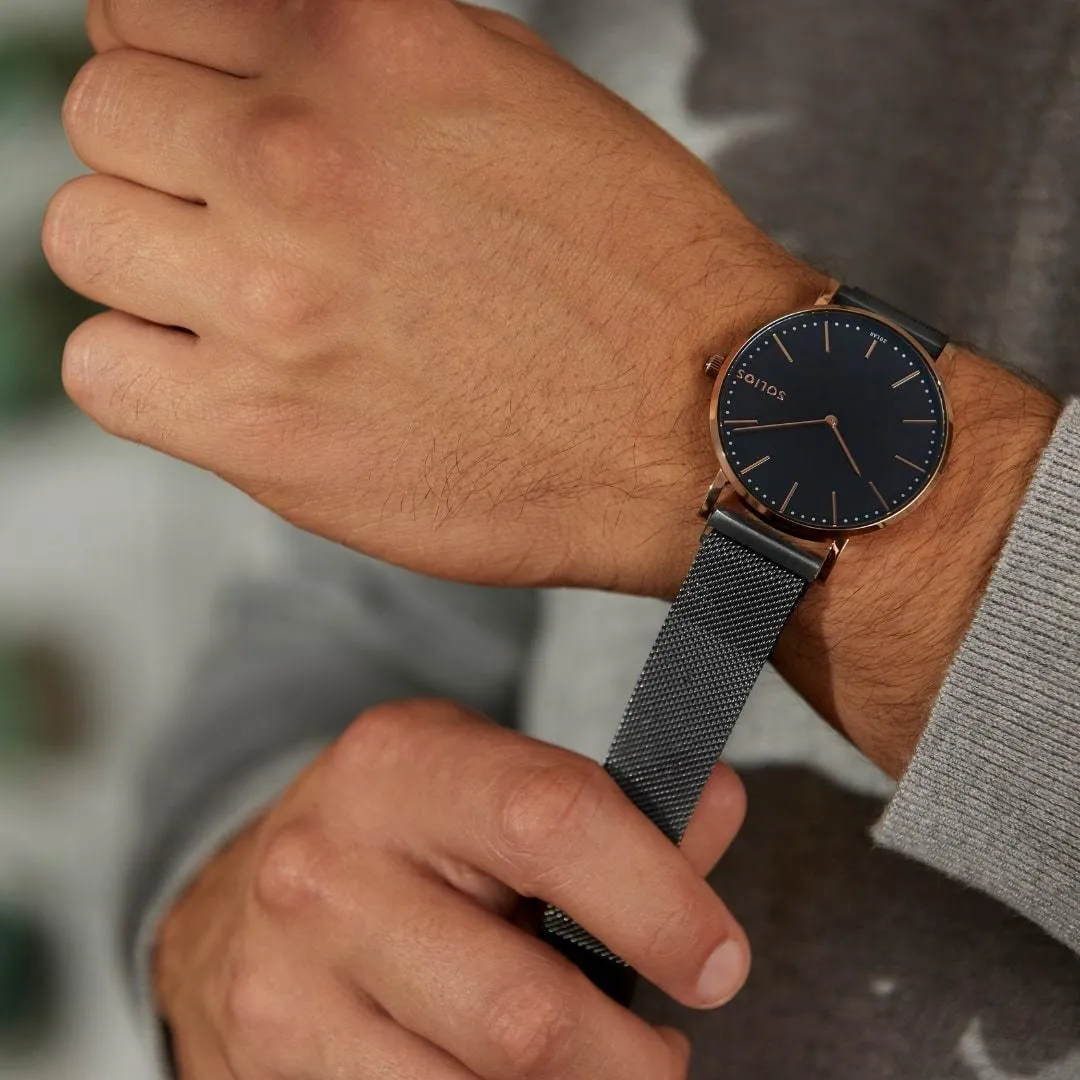 Solar Watch with Black & Rose Gold Dial | Green Vegan Leather Strap