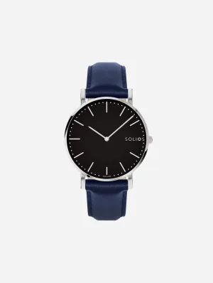 Solar Watch with Black & Silver Dial  | Blue Vegan Leather Strap