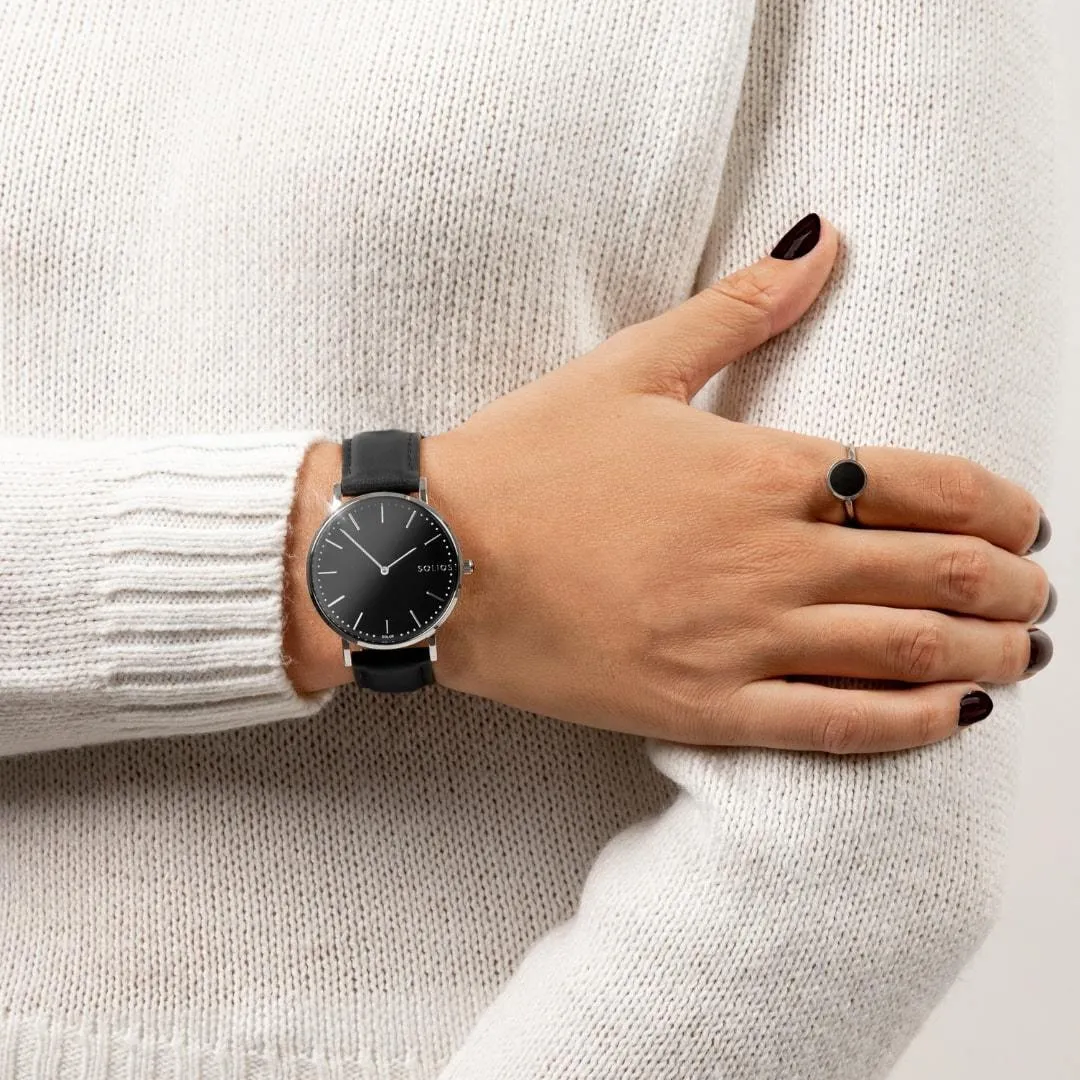 Solar Watch with Black & Silver Dial | Green Vegan Leather Strap