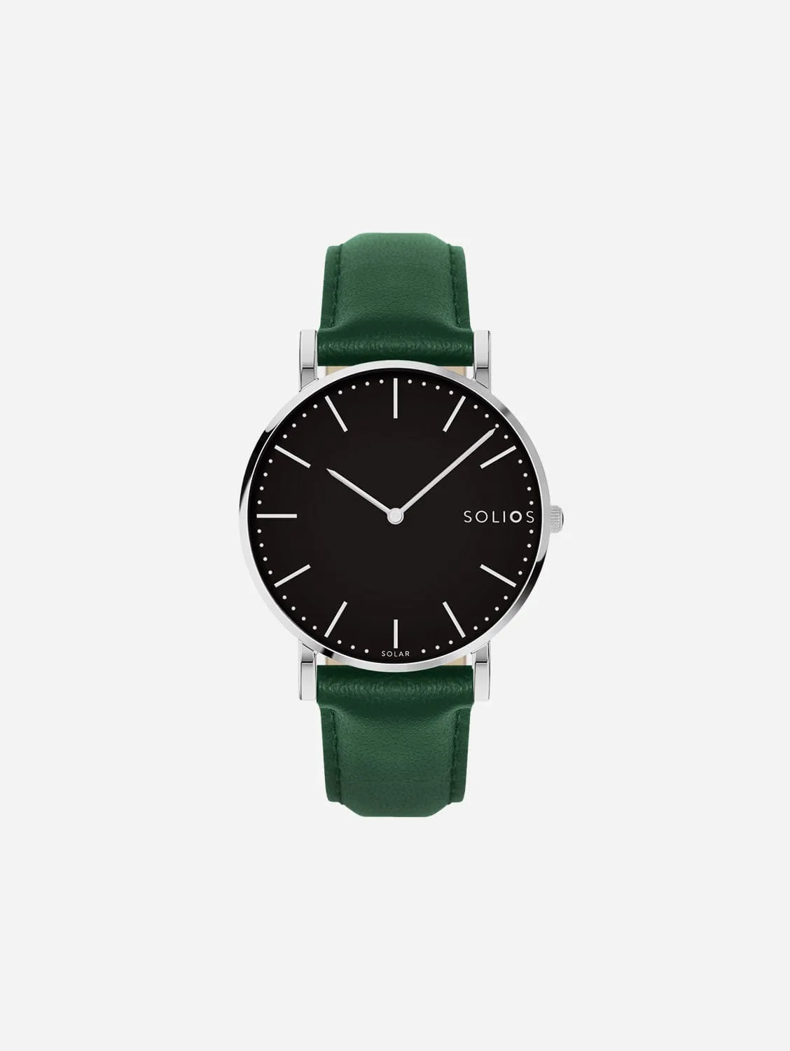 Solar Watch with Black & Silver Dial | Green Vegan Leather Strap