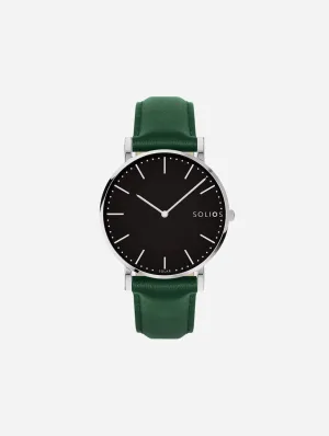 Solar Watch with Black & Silver Dial | Green Vegan Leather Strap
