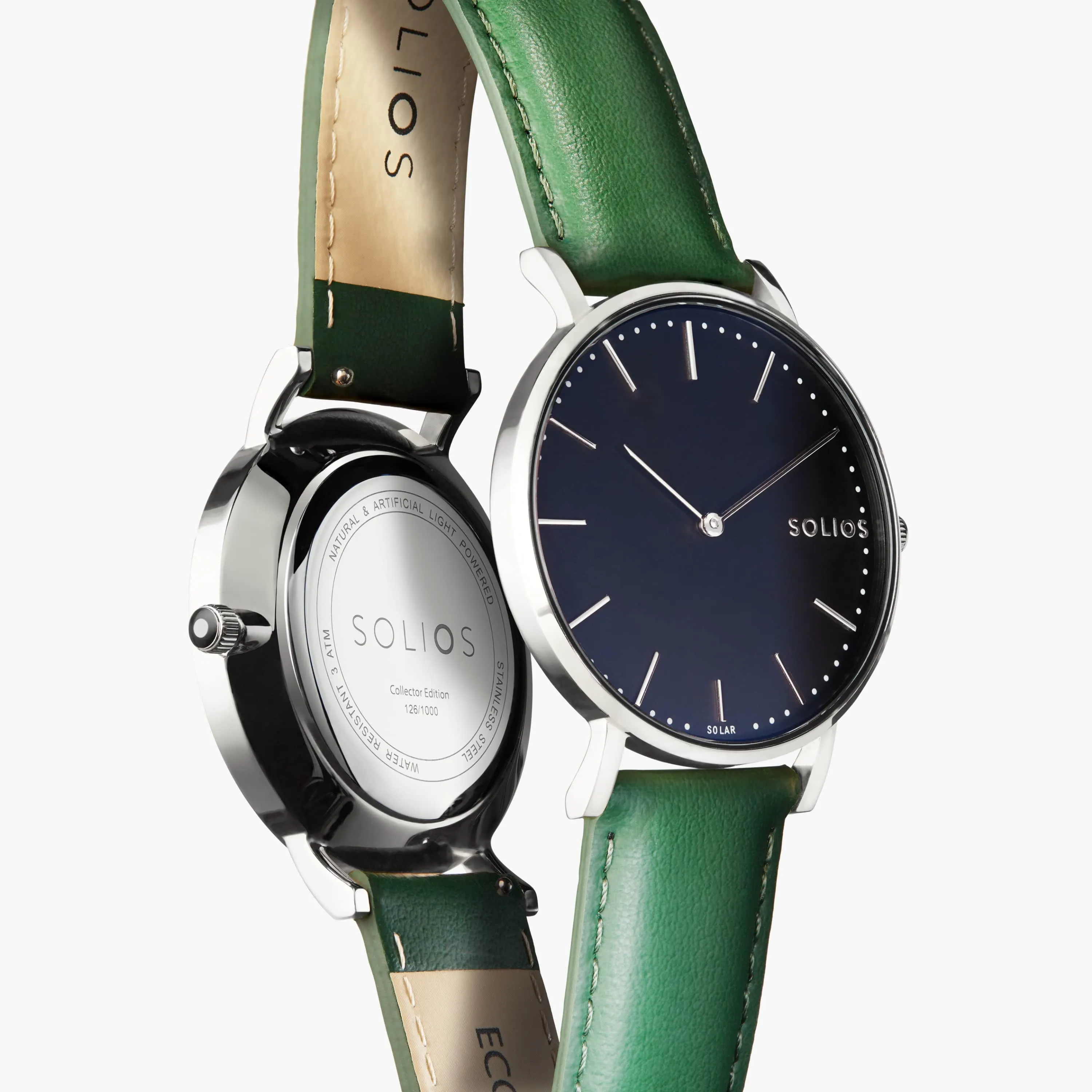Solar Watch with Black & Silver Dial | Green Vegan Leather Strap