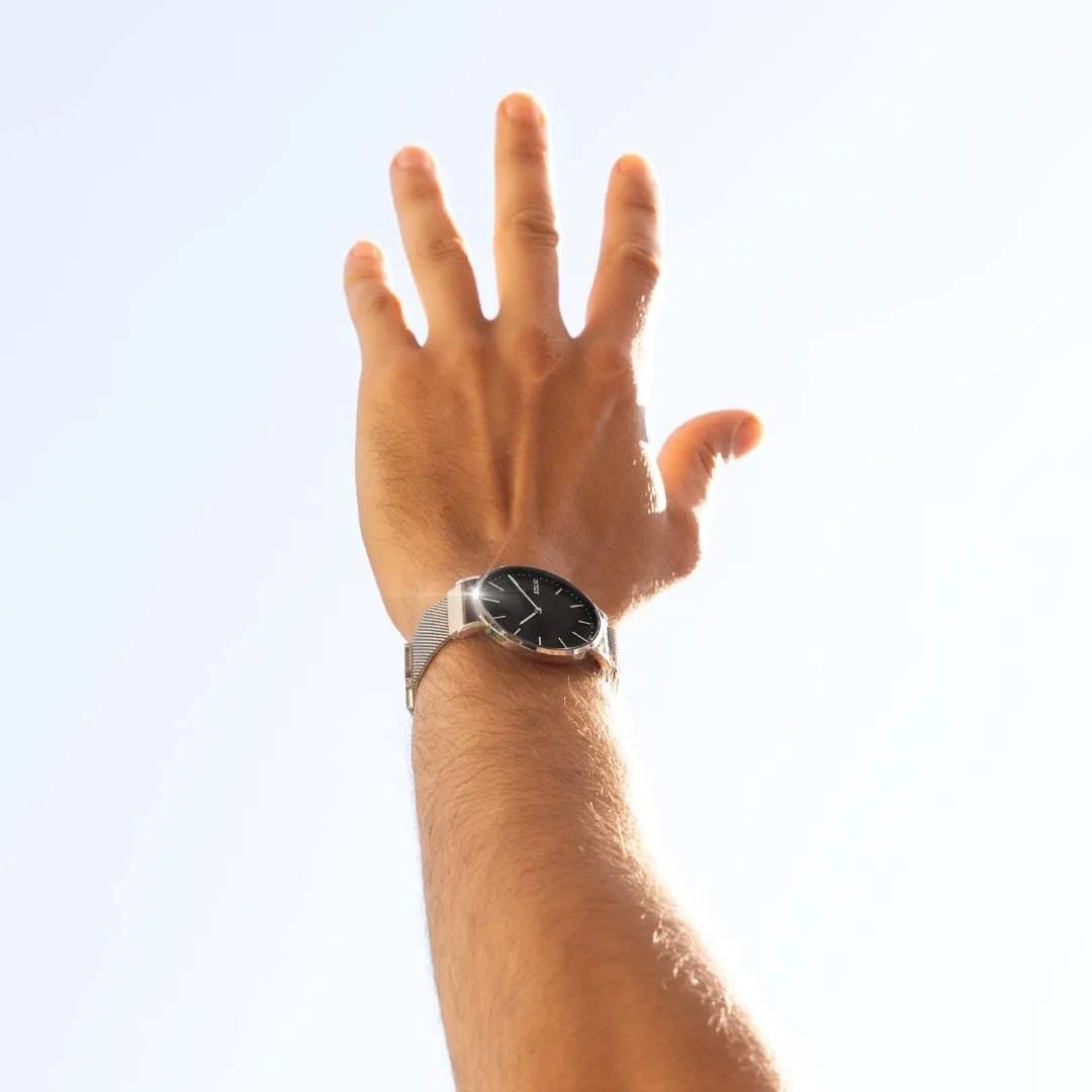Solar Watch with Black & Silver Dial | Green Vegan Leather Strap