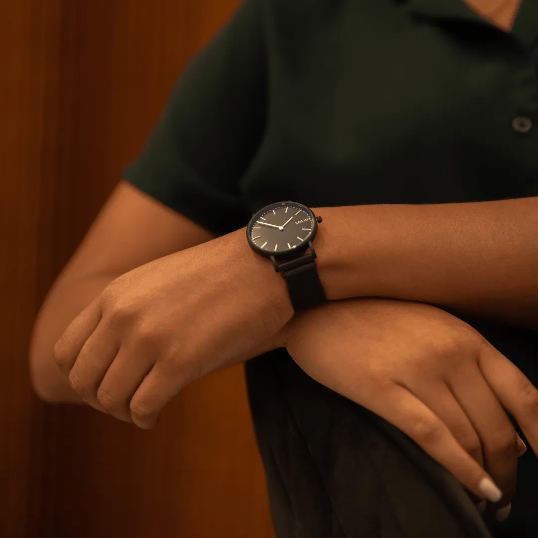 Solar Watch with Black Dial  | Black Vegan Leather Strap