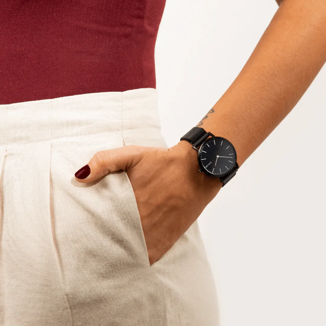 Solar Watch with Black Dial  | Black Vegan Leather Strap
