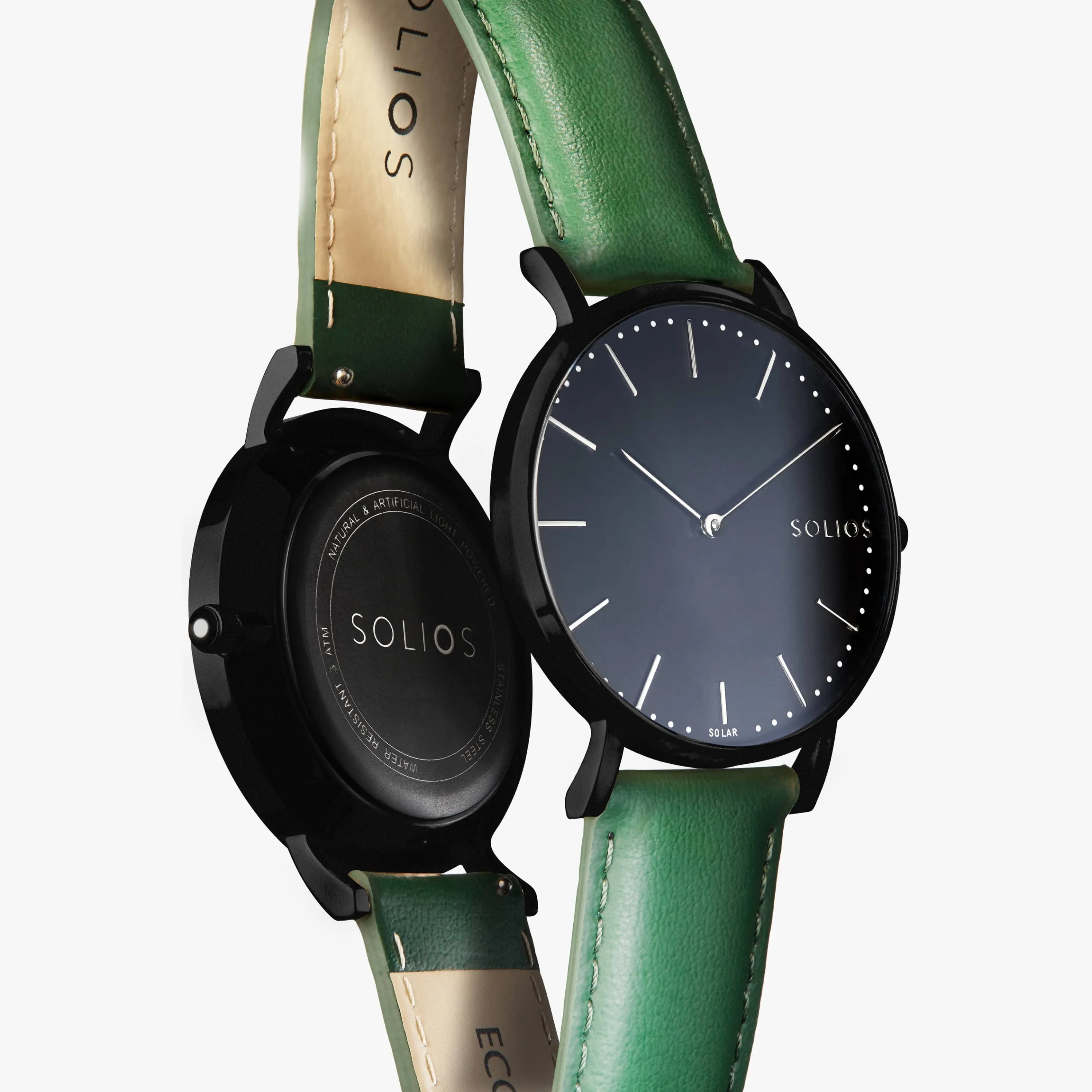 Solar Watch with Black Dial | Green Vegan Leather Strap