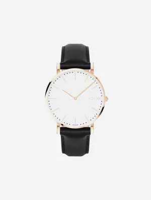 Solar Watch with White & Rose Gold Dial  | Black Vegan Leather Strap