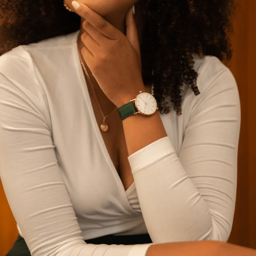Solar Watch with White & Rose Gold Dial  | Black Vegan Leather Strap