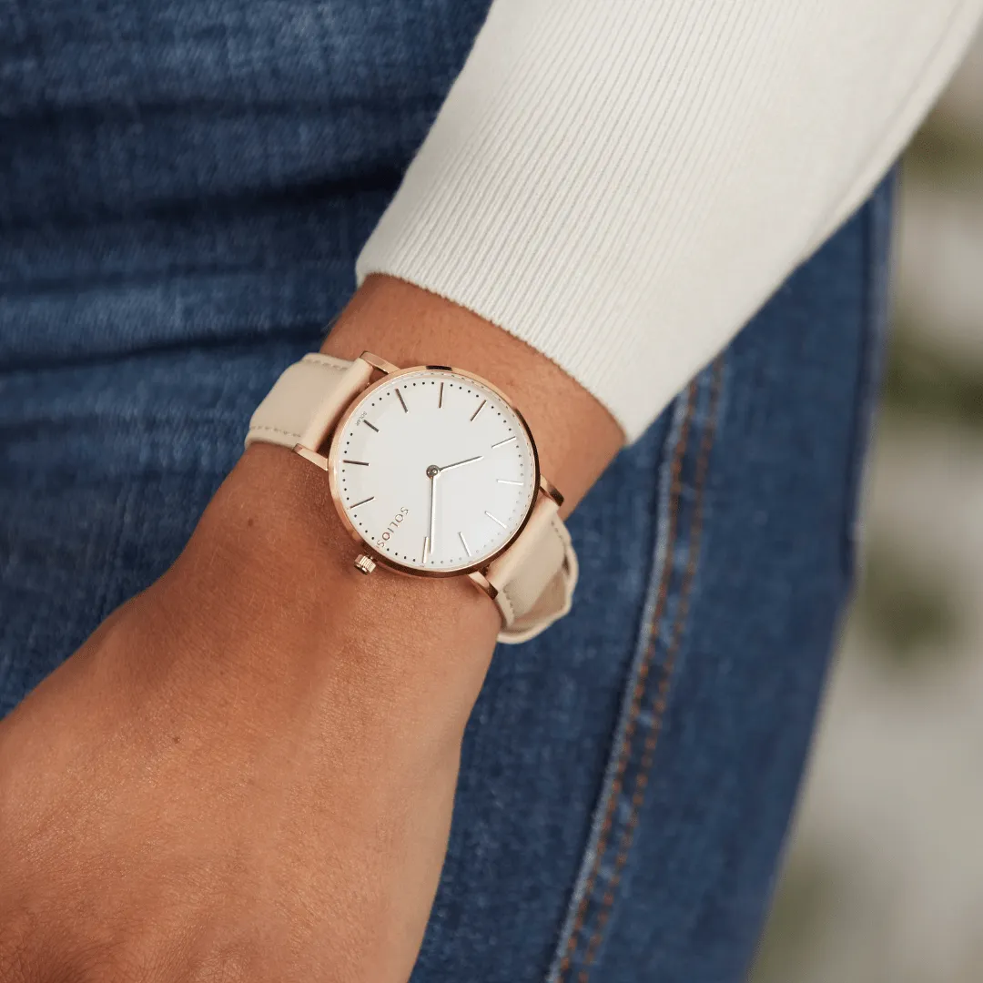 Solar Watch with White & Rose Gold Dial  | Black Vegan Leather Strap