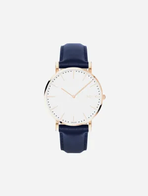 Solar Watch with White & Rose Gold Dial | Blue Vegan Leather Strap