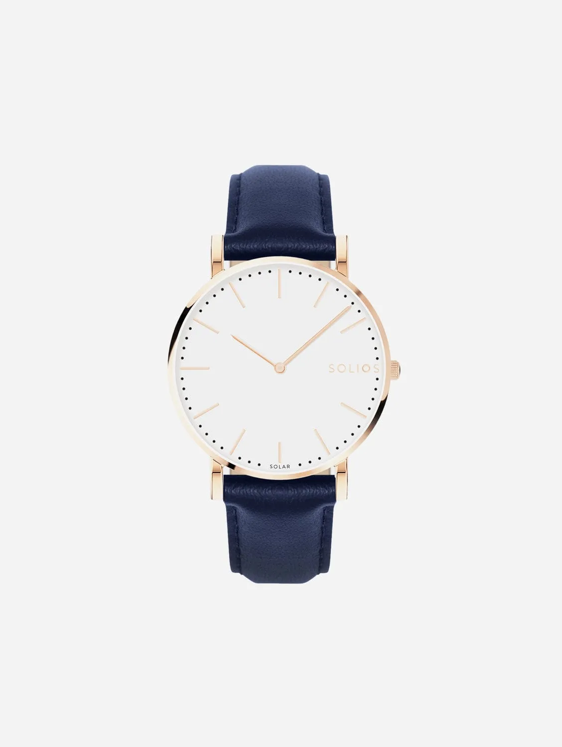 Solar Watch with White & Rose Gold Dial | Blue Vegan Leather Strap