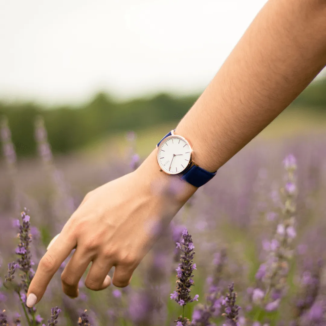 Solar Watch with White & Rose Gold Dial | Blue Vegan Leather Strap