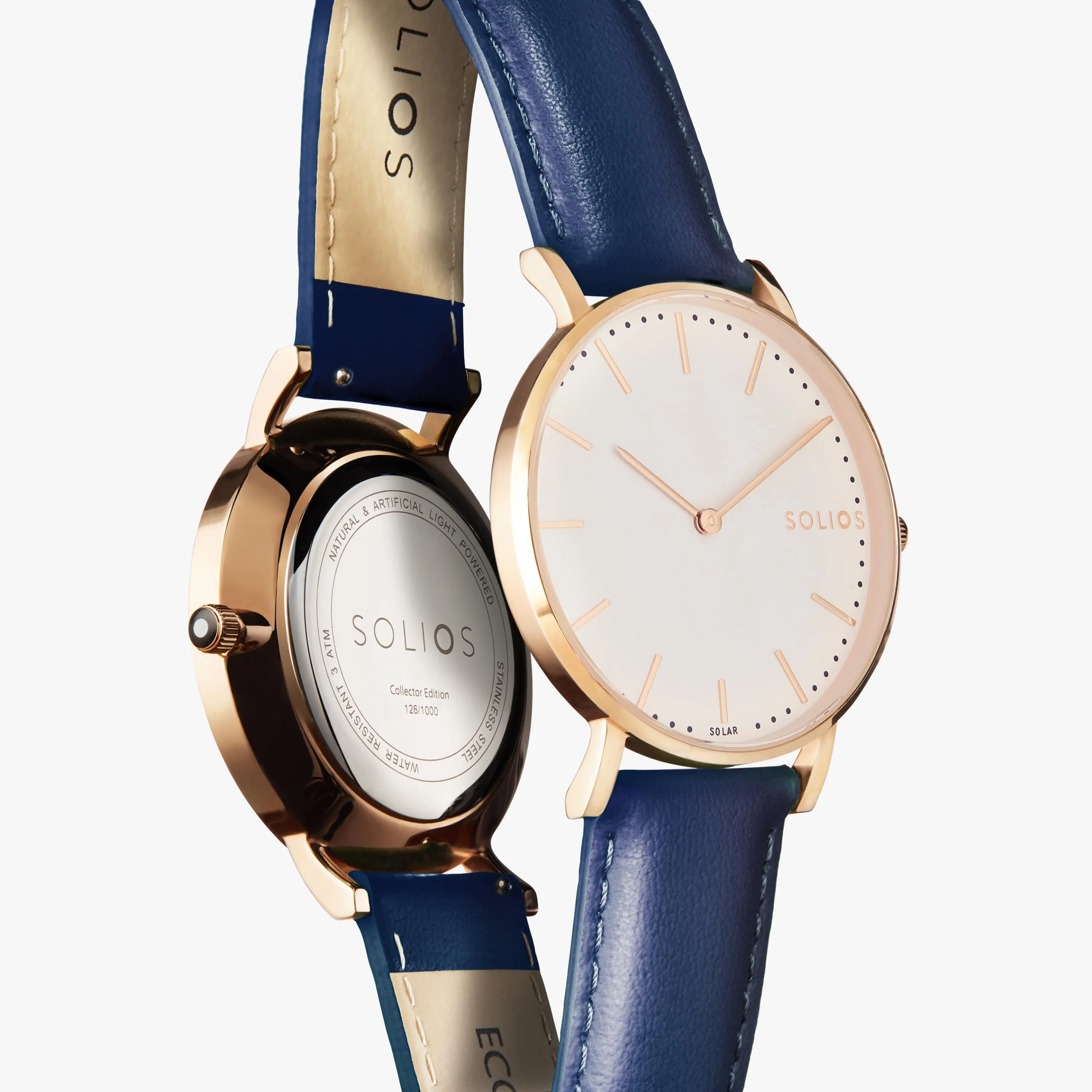 Solar Watch with White & Rose Gold Dial | Blue Vegan Leather Strap