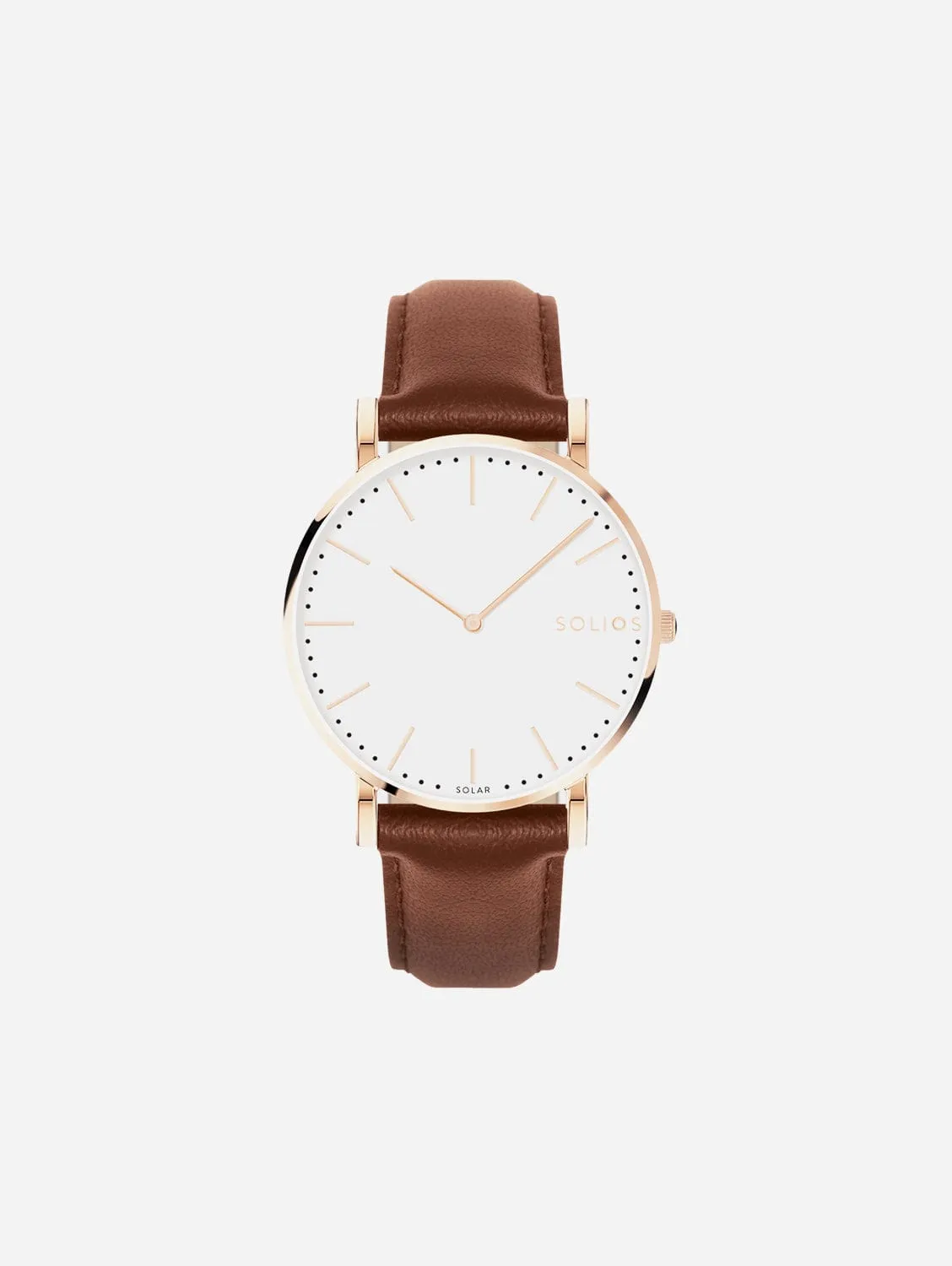 Solar Watch with White & Rose Gold Dial | Brown Vegan Leather Strap