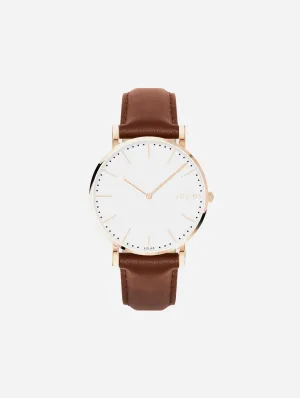 Solar Watch with White & Rose Gold Dial | Brown Vegan Leather Strap