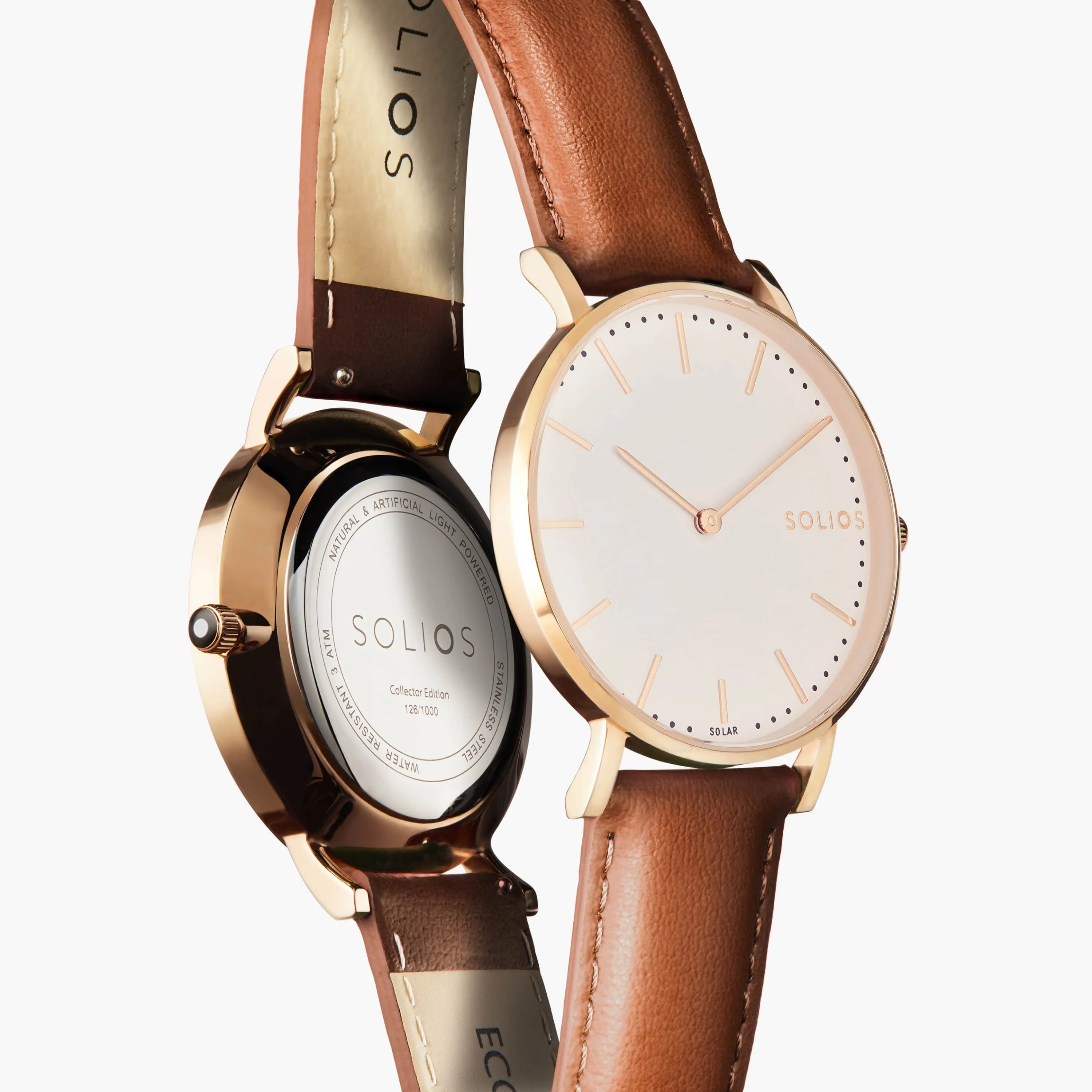 Solar Watch with White & Rose Gold Dial | Brown Vegan Leather Strap
