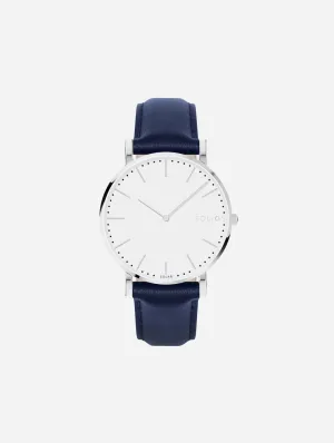 Solar Watch with White & Silver Dial | Blue Vegan Leather Strap