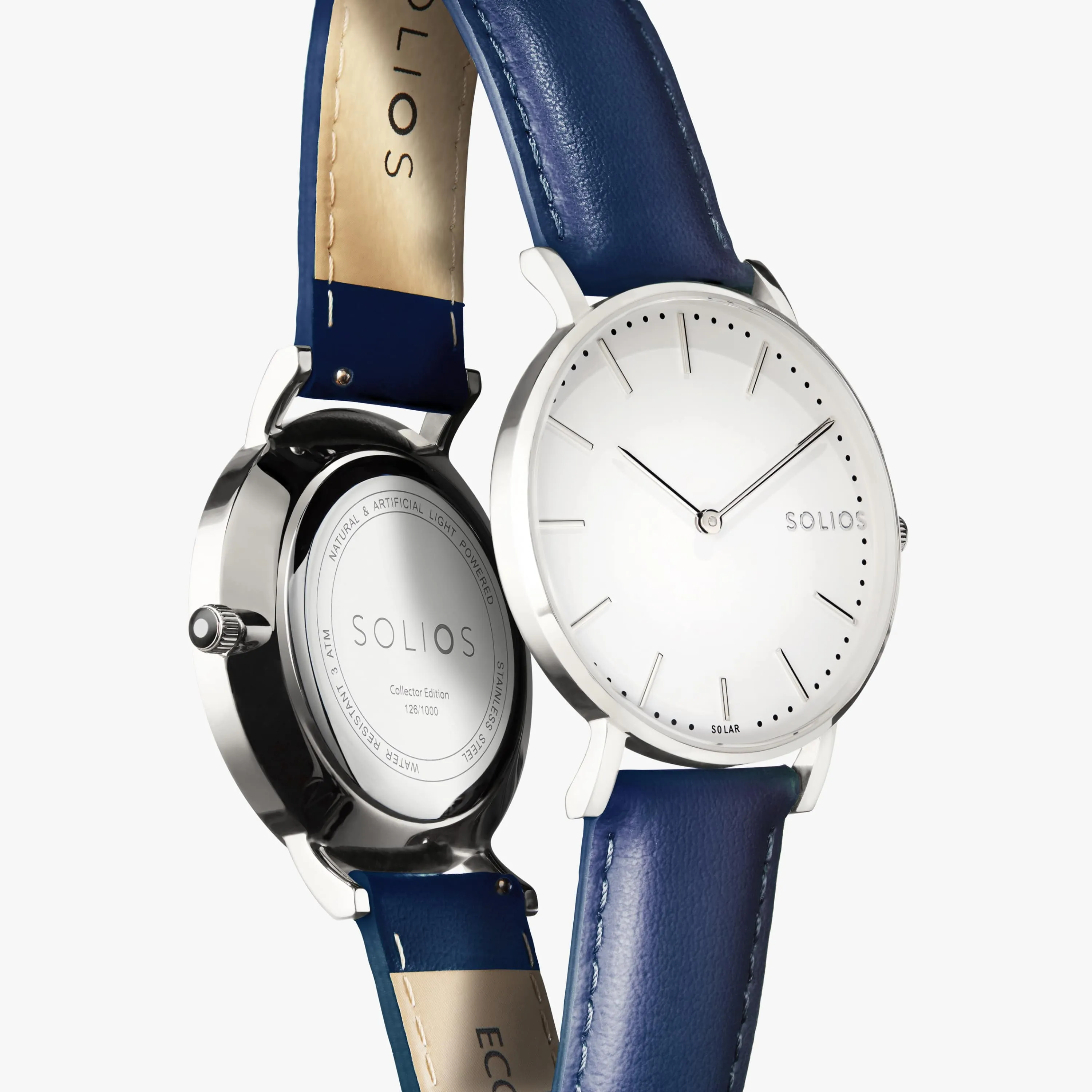Solar Watch with White & Silver Dial | Blue Vegan Leather Strap