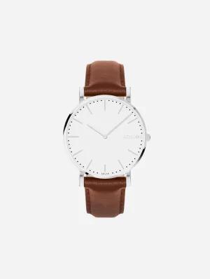 Solar Watch with White & Silver Dial | Brown Vegan Leather Strap