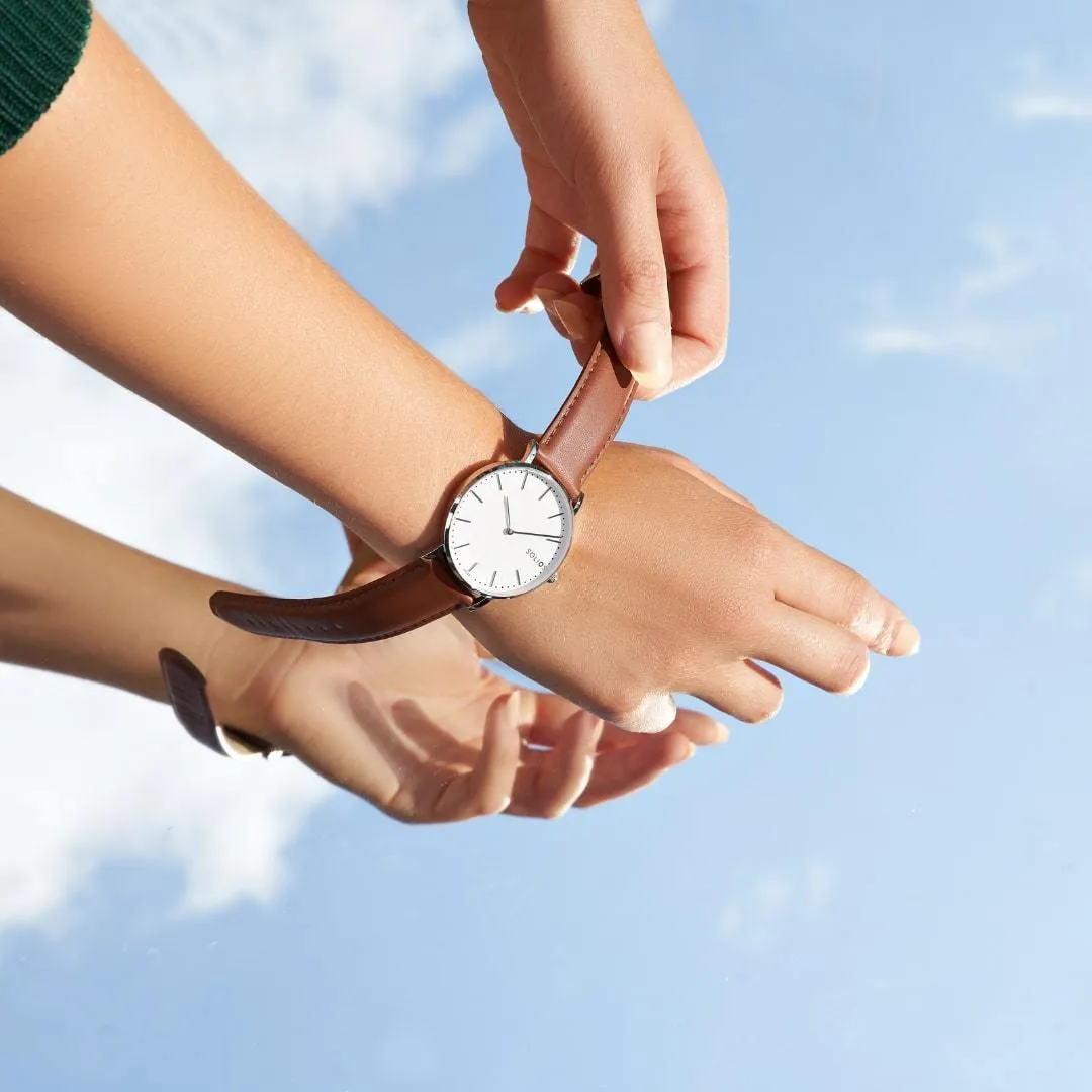Solar Watch with White & Silver Dial | Brown Vegan Leather Strap