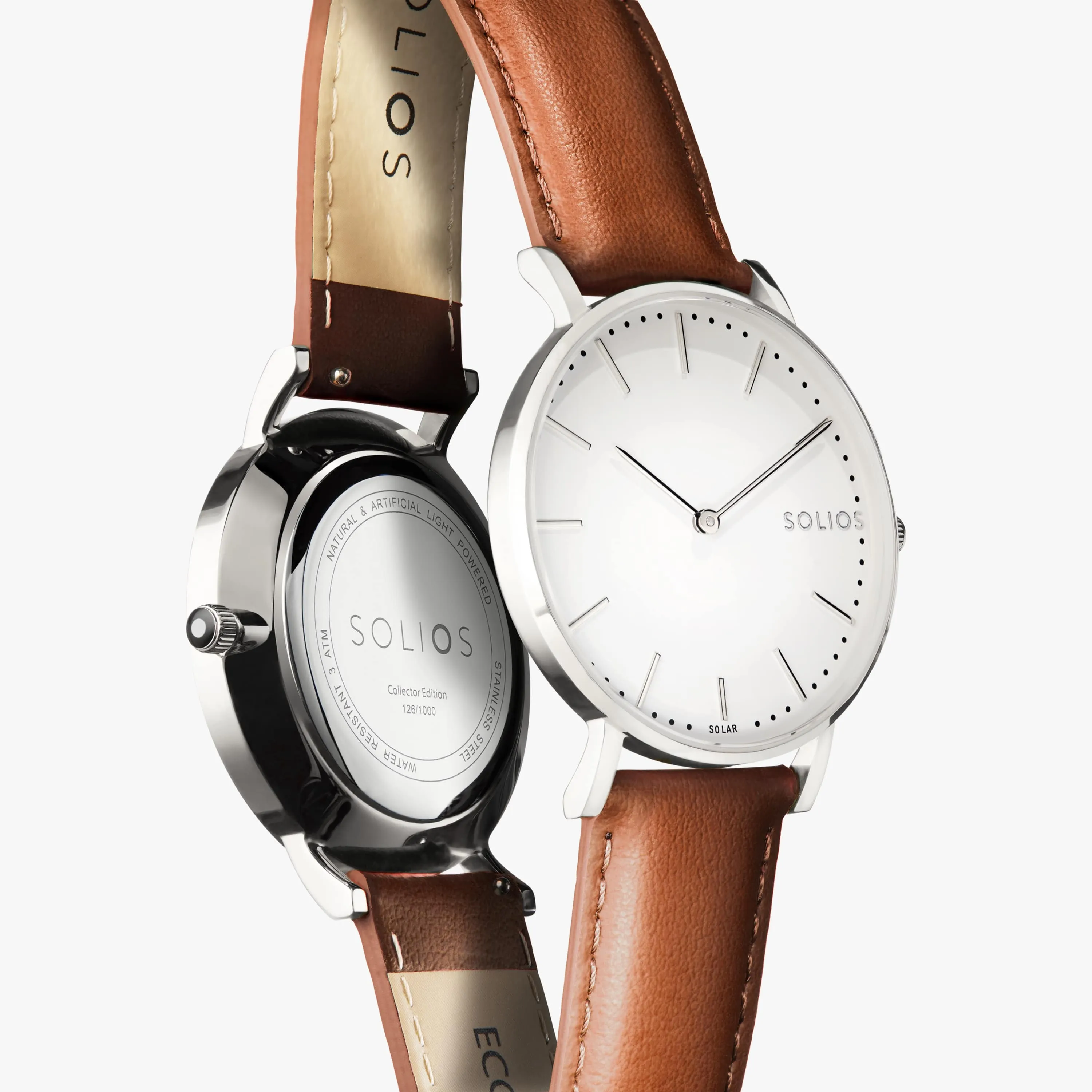 Solar Watch with White & Silver Dial | Brown Vegan Leather Strap