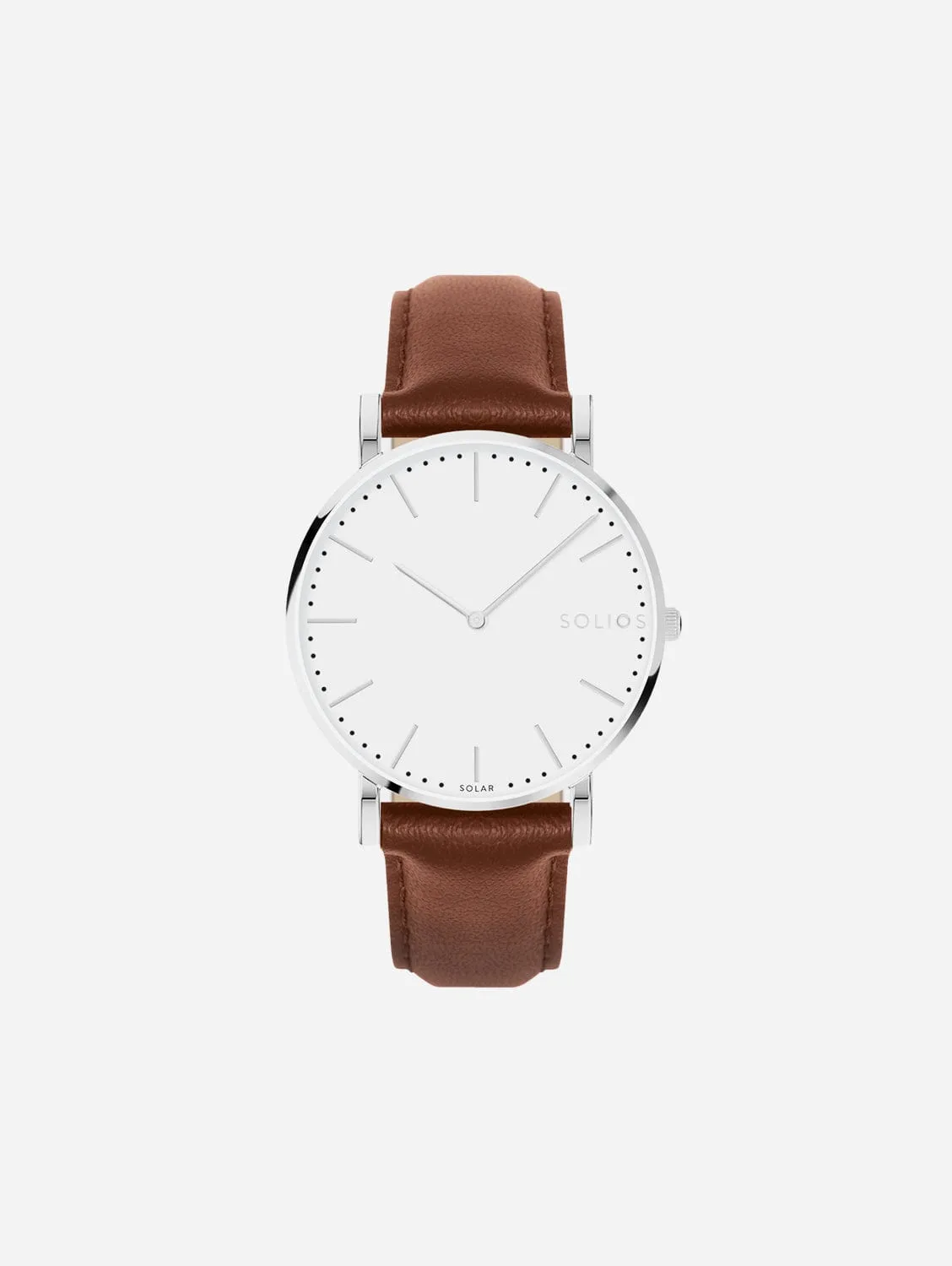 Solar Watch with White & Silver Dial | Brown Vegan Leather Strap