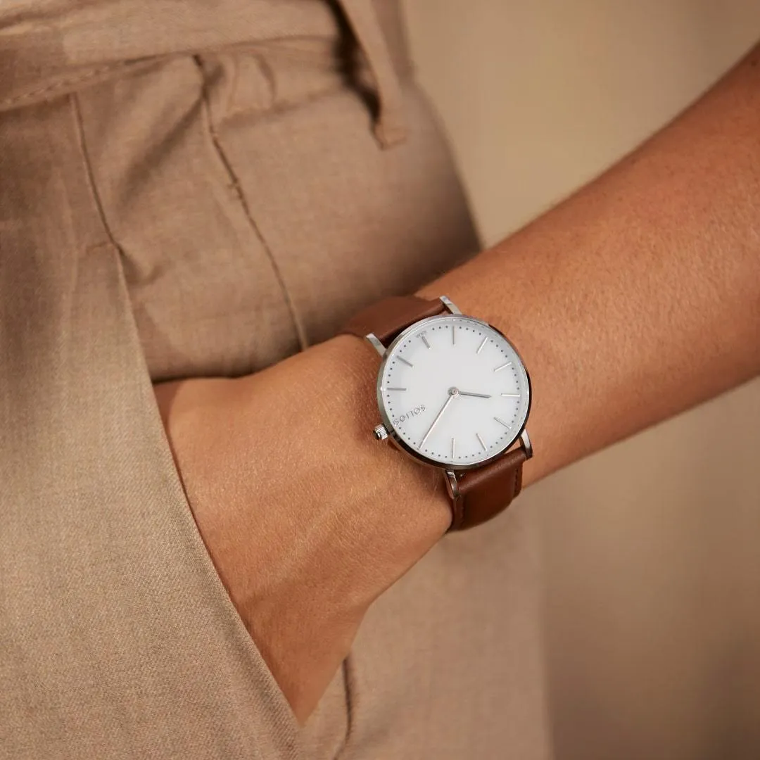 Solar Watch with White & Silver Dial | Brown Vegan Leather Strap