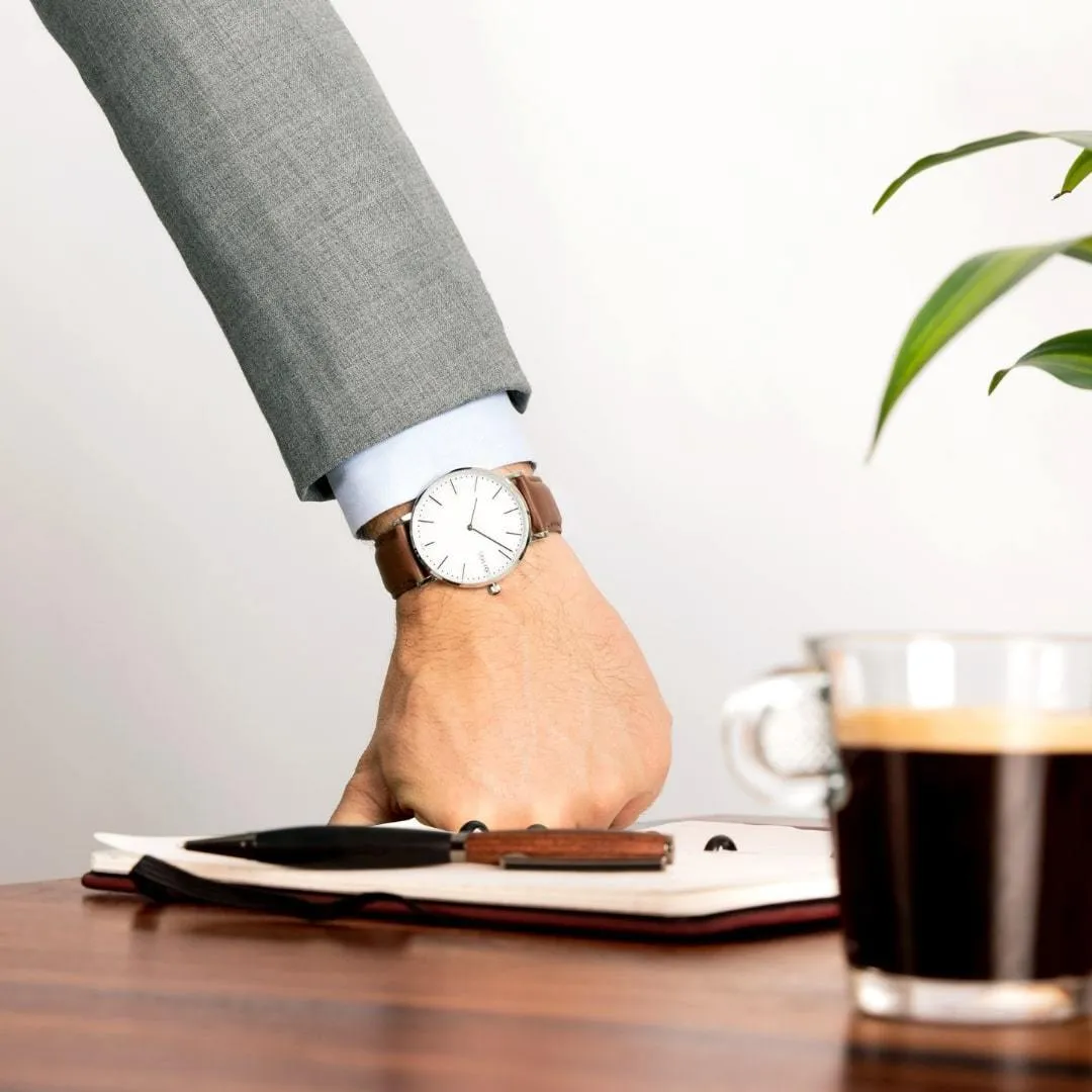 Solar Watch with White & Silver Dial | Brown Vegan Leather Strap