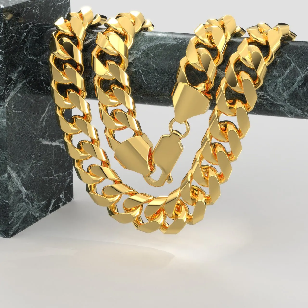 Solid 14K Yellow Gold Handmade Half Round Curb Chain Necklace, Sizes 6.6mm - 19.6mm