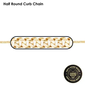 Solid 14K Yellow Gold Handmade Half Round Curb Chain Necklace, Sizes 6.6mm - 19.6mm