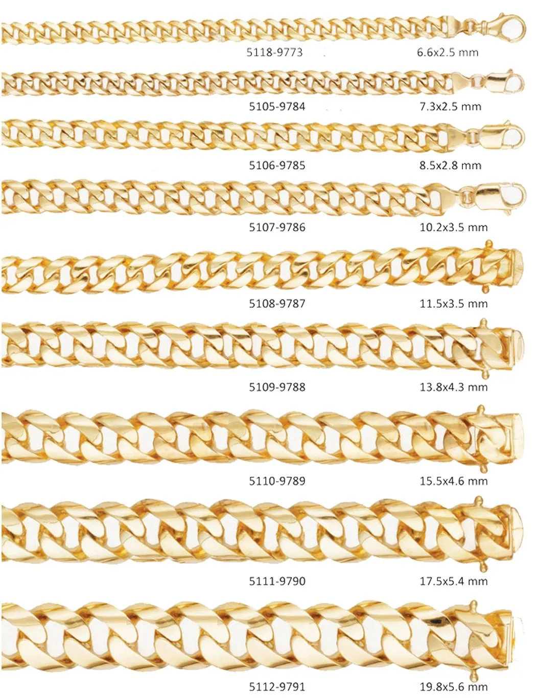Solid 14K Yellow Gold Handmade Half Round Curb Chain Necklace, Sizes 6.6mm - 19.6mm