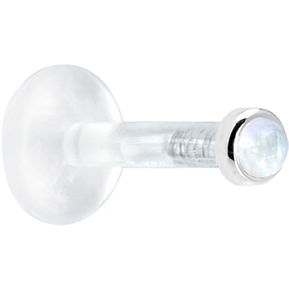 Solid 14KT White Gold 2mm Genuine Rainbow Moonstone Bioplast Push in Labret