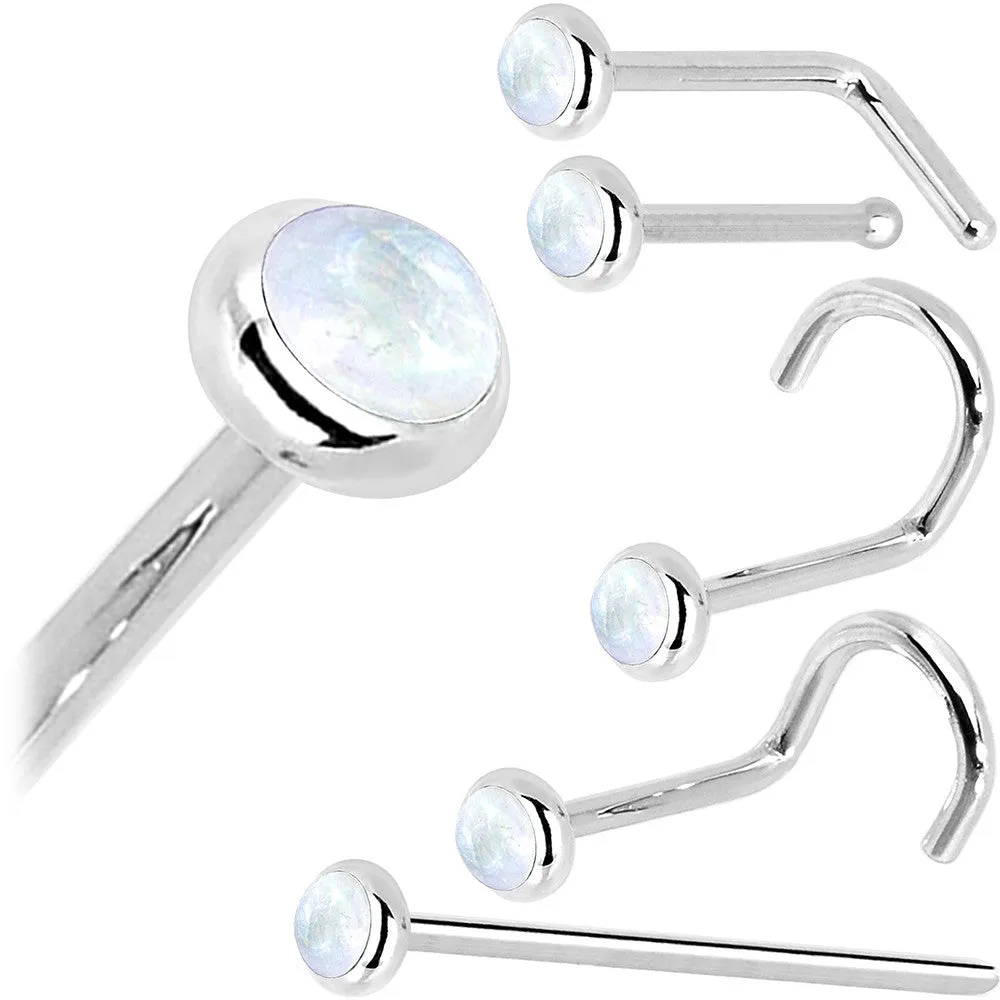 Solid 14KT White Gold 2mm Rainbow Moonstone Nose Ring
